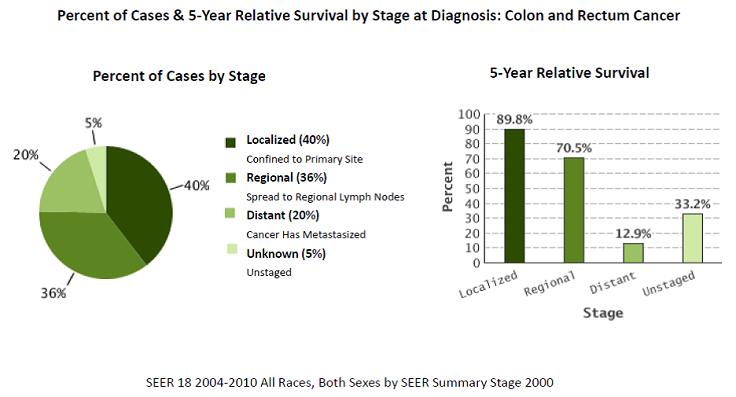 Percent of cases & 5-year relative survival by stage at diagnosis: colon & rectum cancer (graphs)