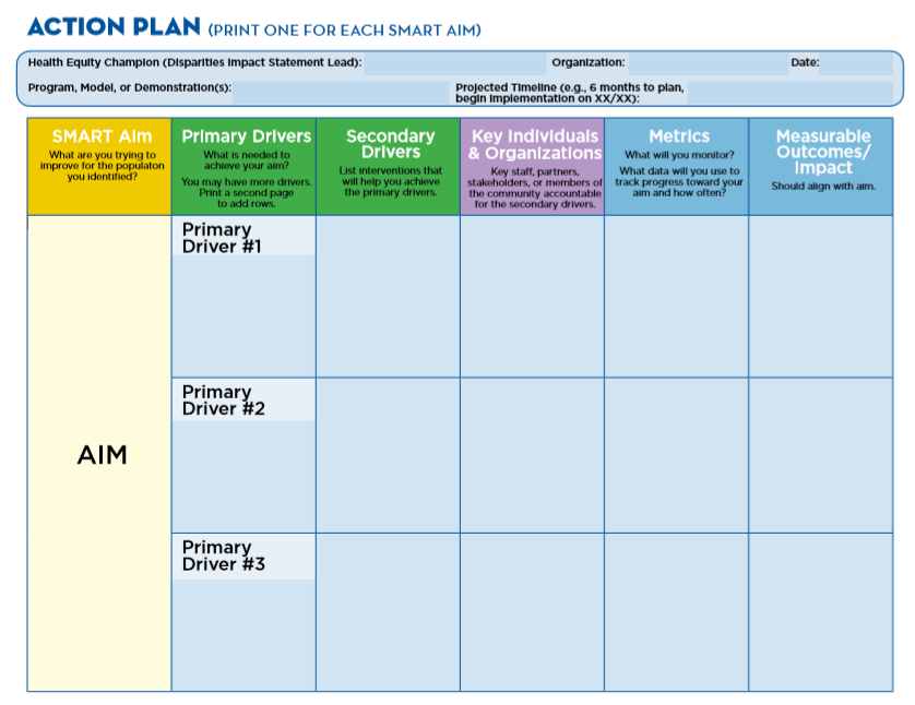 Action Plan worksheet in the Disparities Impact Statement