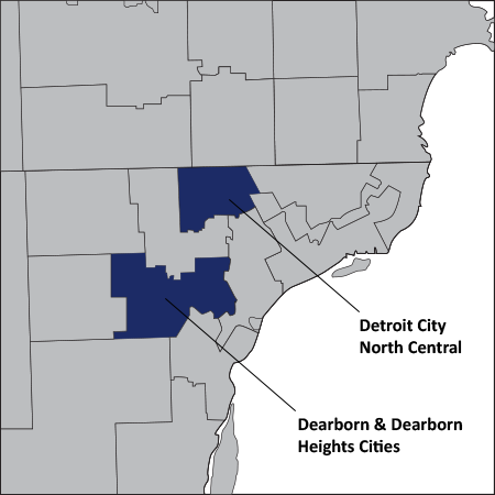 Map of Counties containing Detroit and Dearborn, Michigan