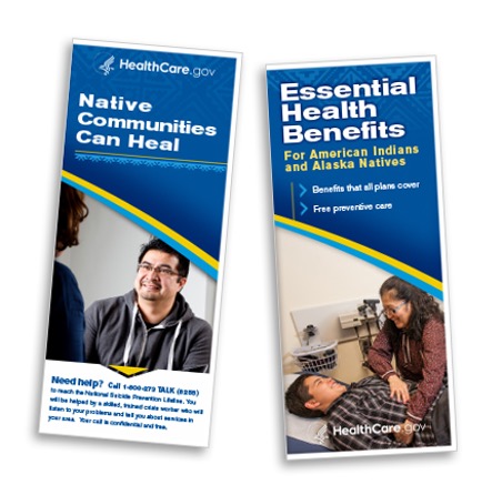 A collage of 2 resources: (1) Native Communities Can Heal brochure(2) Essential Health Benefits for American Indians and Alaska Natives brochure