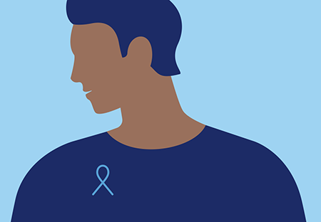 A graphical representation of a man wearing a blue ribbon for cancer