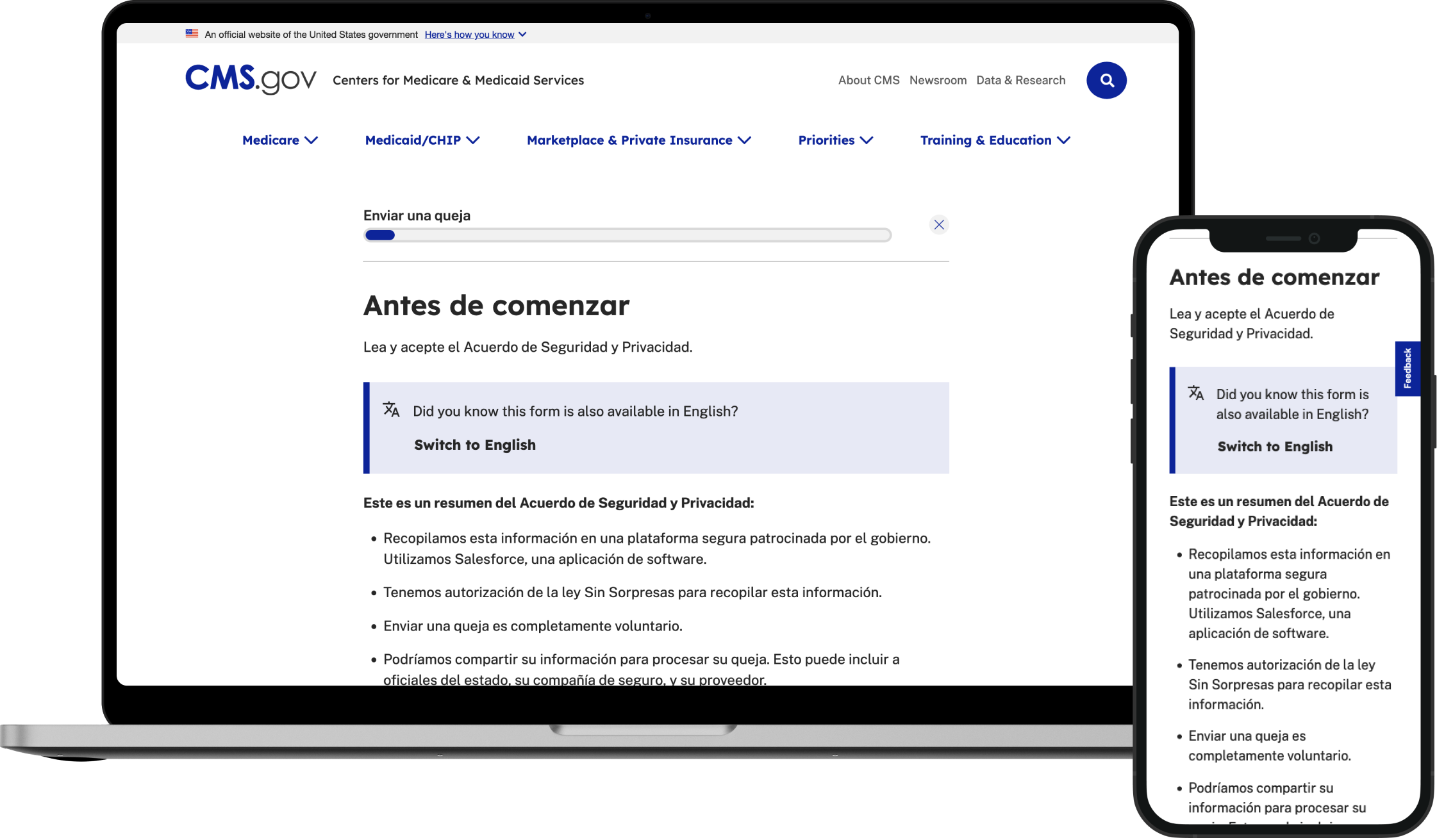 A website and smart phone mockup displaying the Medical Bill Rights form in spanish