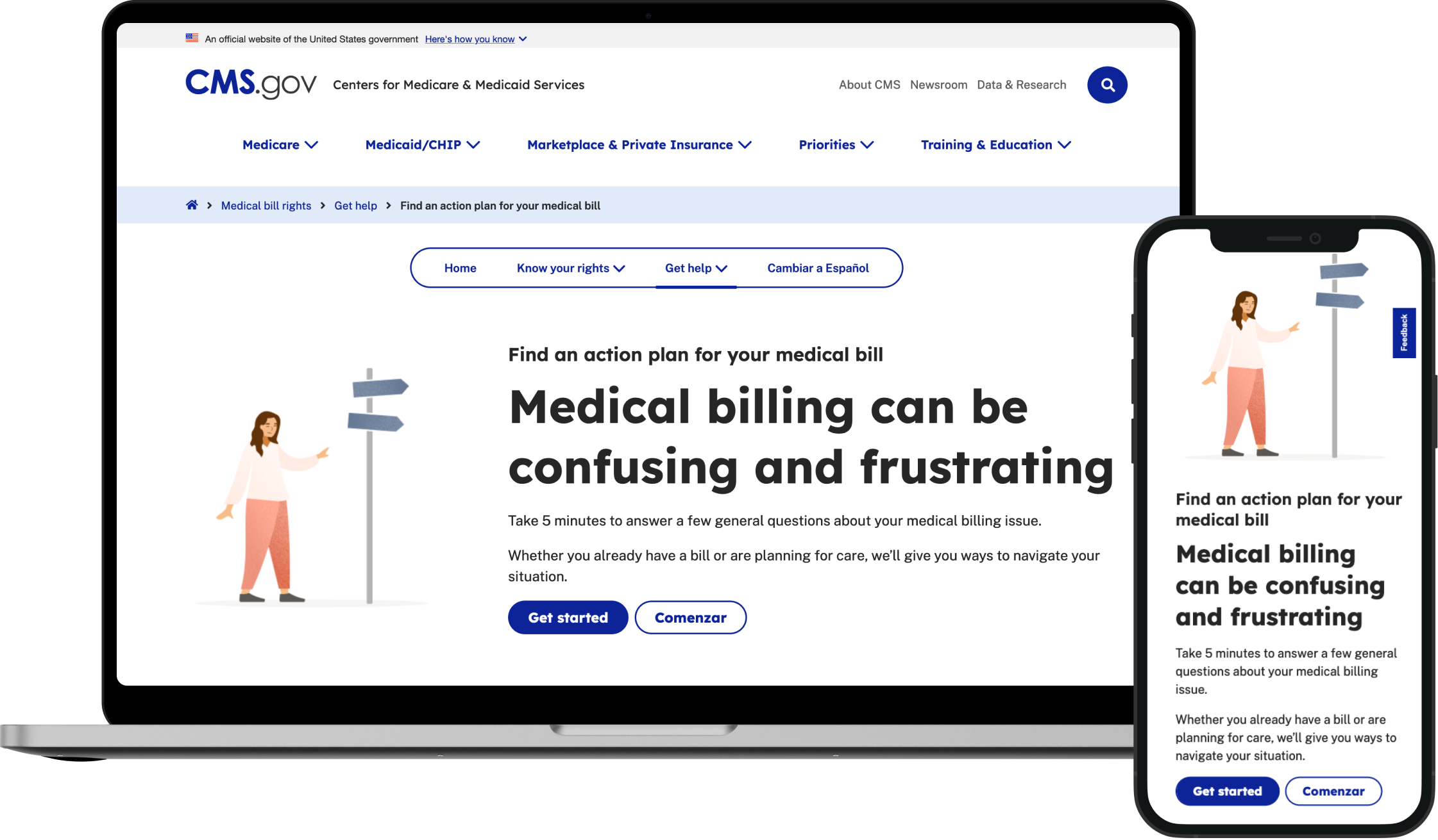 A website and smart phone mockup displaying the Medical Bill Rights landing page in english
