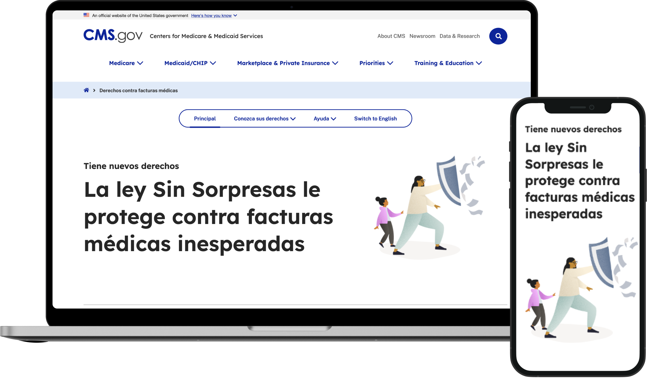 A website and smart phone mockup displaying the Medical Bill Rights landing page in spanish