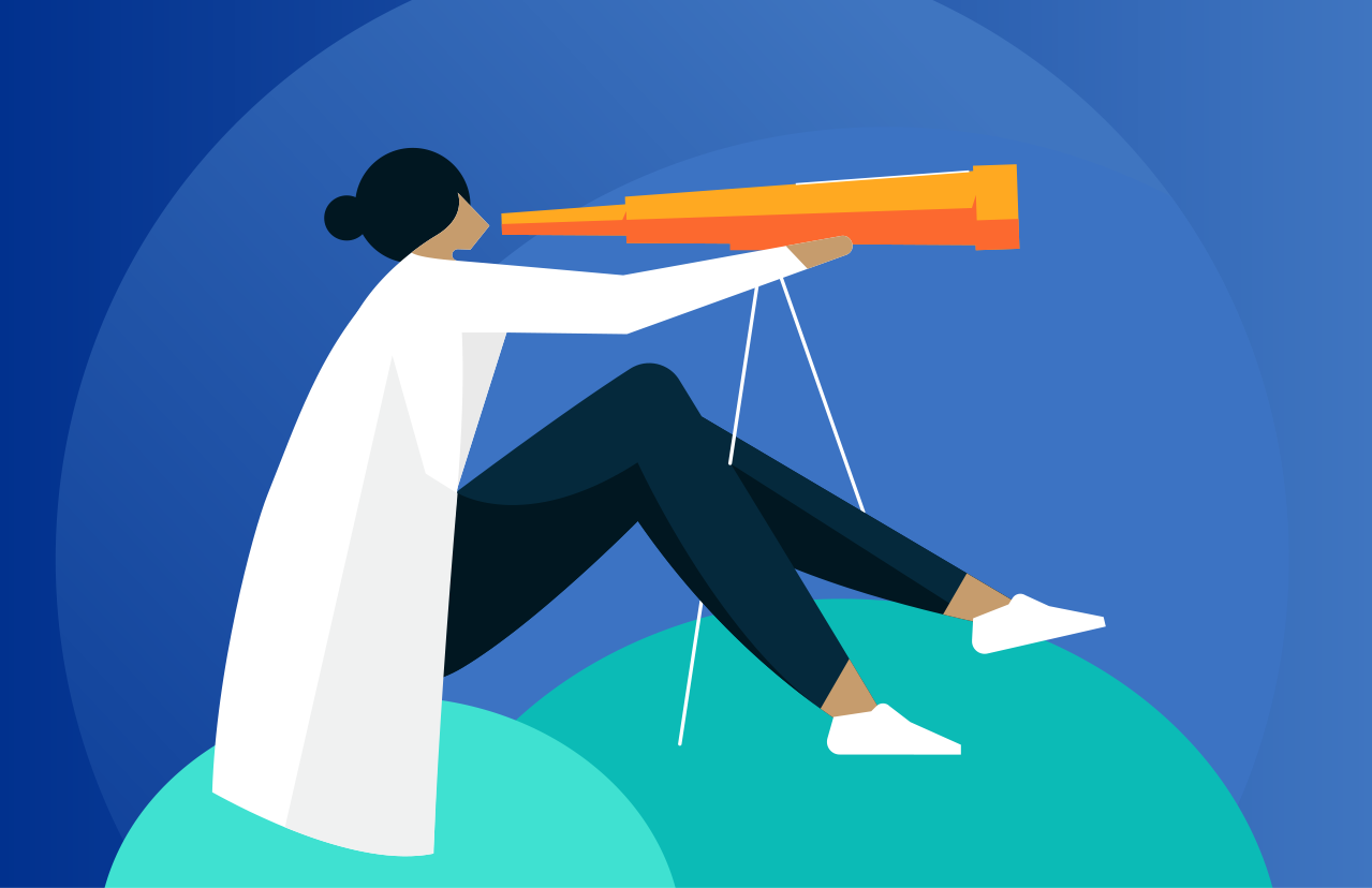 Graphic of a woman looking through a telescope