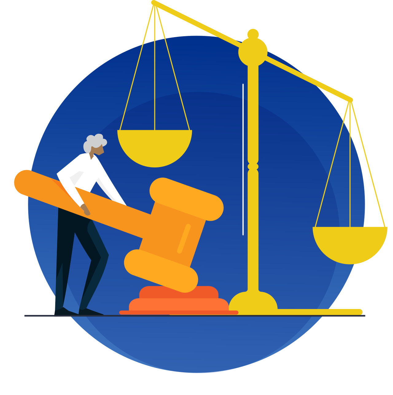 Graphic of a woman holding a giant gavel.  Behind her is a large balance