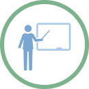 human figure icon pointing to board to explain information