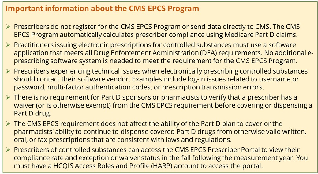 Important information about the CMS EPCS Program  ⦁	Prescribers do not register for the CMS EPCS Program or send data directly to CMS. The CMS EPCS Program automatically calculates prescriber compliance using Medicare Part D claims.  ⦁	Practitioners issuing electronic prescriptions for controlled substances must use a software application that meets all Drug Enforcement Administration (DEA) requirements. No additional e-prescribing software system is needed to meet the requirement for the CMS EPCS Program.  ⦁	Prescribers experiencing technical issues when electronically prescribing controlled substances should contact their software vendor. Examples include log-in issues related to username or password, multi-factor authentication codes, or prescription transmission errors.  ⦁	There is no requirement for Part D sponsors or pharmacists to verify that a prescriber has a waiver (or is otherwise exempt) from the CMS EPCS requirement before covering or dispensing a Part D drug.   ⦁	The CMS EPCS requirement does not affect the ability of the Part D plan to cover or the pharmacists' ability to continue to dispense covered Part D drugs from otherwise valid written, oral, or fax prescriptions that are consistent with laws and regulations.  ⦁	Prescribers of controlled substances can access the CMS EPCS Prescriber Portal to view their compliance rate and exception or waiver status in the fall following the measurement year. You must have a HCQIS Access Roles and Profile (HARP) account to access the portal.