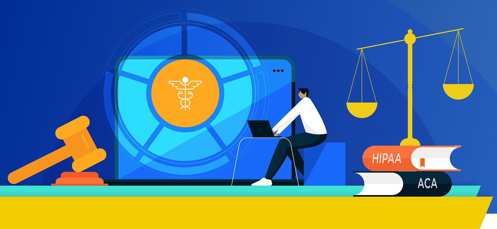 A gavel, medical emblem, medical person working at a computer, and a set of scales standing on HIPAA and ACA books