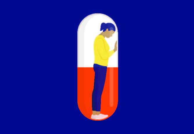 cartoon of a person in yellow shirt standing inside a red and white capsule shape