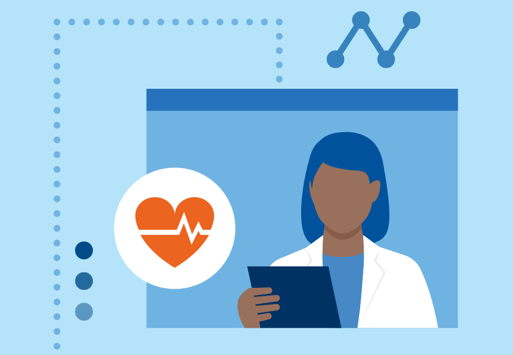 cartoon image of a doctor holding a chart with a heart in a white circle on the left side