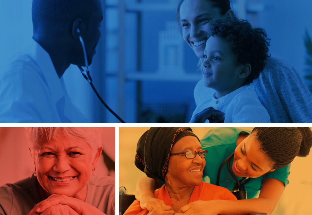 Three images (one on top, two below) of people interacting with medical professionals