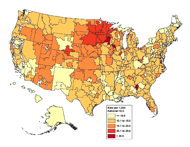 Map 1 displays a U.S. map by of the FY2013 hospital discharge rate per capita for Major Joint Replacement by Hospital Referral Region. The national average was 12.2 discharges per 1,000 beneficiaries and the highest discharge rates were found in the Midwest and Rocky Mountain areas, while the lowest discharge rates per 1,000 were seen in the parts of California, Nevada, and New Mexico. 