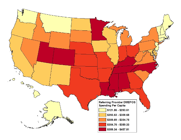 Map 1 illustrates the geographic variation in per capita DMEPOS Medicare allowed amounts across states. States with the highest per capita DMEPOS Medicare allowed amounts are located predominantly in southeastern states (eg, Kentucky, Tennessee, North Carolina) as well as Utah, Colorado and Minnesota. Counties with the lowest per capita DMEPOS Medicare allowed amounts are found mostly in northwestern and northeastern states (eg, Washington, Montana, Vermont, New Hampshire).