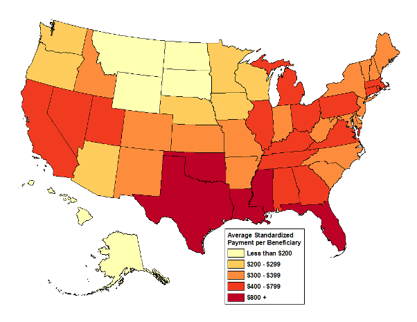 Map 2 shows average standardized payments per Medicare beneficiary (all Medicare beneficiaries including both home health users and non-users).  The Southwest and Florida tended to have much higher payments than the rest of the country.