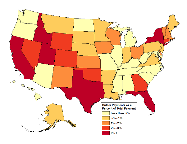 Map 3 shows outlier payments as a percent of total Medicare payments.  Utah, New York and Florida had particularly high levels of outlier payments as a percent of total payments, as many of the HHAs in those states had the maximum 10% allowed by law.  Much of the Southeast and Midwest tended to have lower percentages.