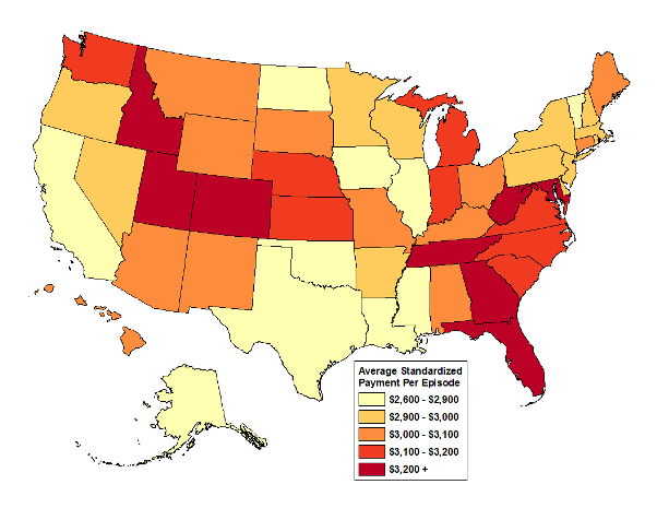 Map 1 displays the average Medicare standardized payments per episode by state for 2013.  Nationally, the per episode average standardized payment for all HHAs was $3,037.  As the map demonstrates, the highest average per episode rates were in the Southeast and Mountain states, while the states with the lowest per episode rates were scattered across the Southwest, Midwest and West coast. 