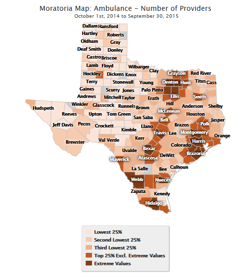 Moratoria Map: Ambulance - Number of Providers, October 1st, 2014 to September 30, 2015