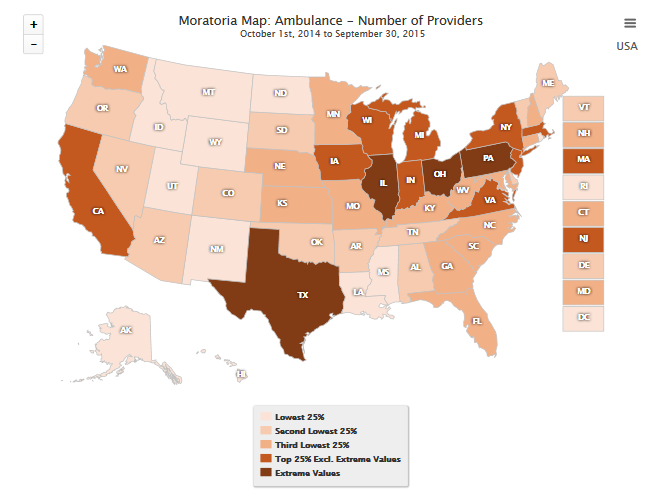 Moratoria Map: Ambulance - Number of Providers, October 1st, 2014 to September 30, 2015
