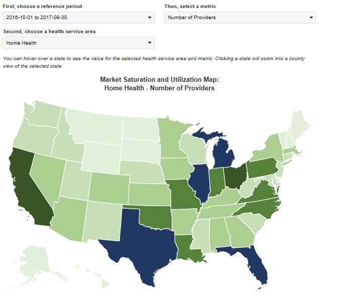 Map 1. Home Health: National Distribution of Number of Providers October 1, 2016 – September 30, 2017  Color by Moratoria Status