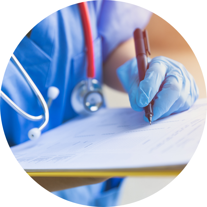 healthcare worker holding a pen and clipboard